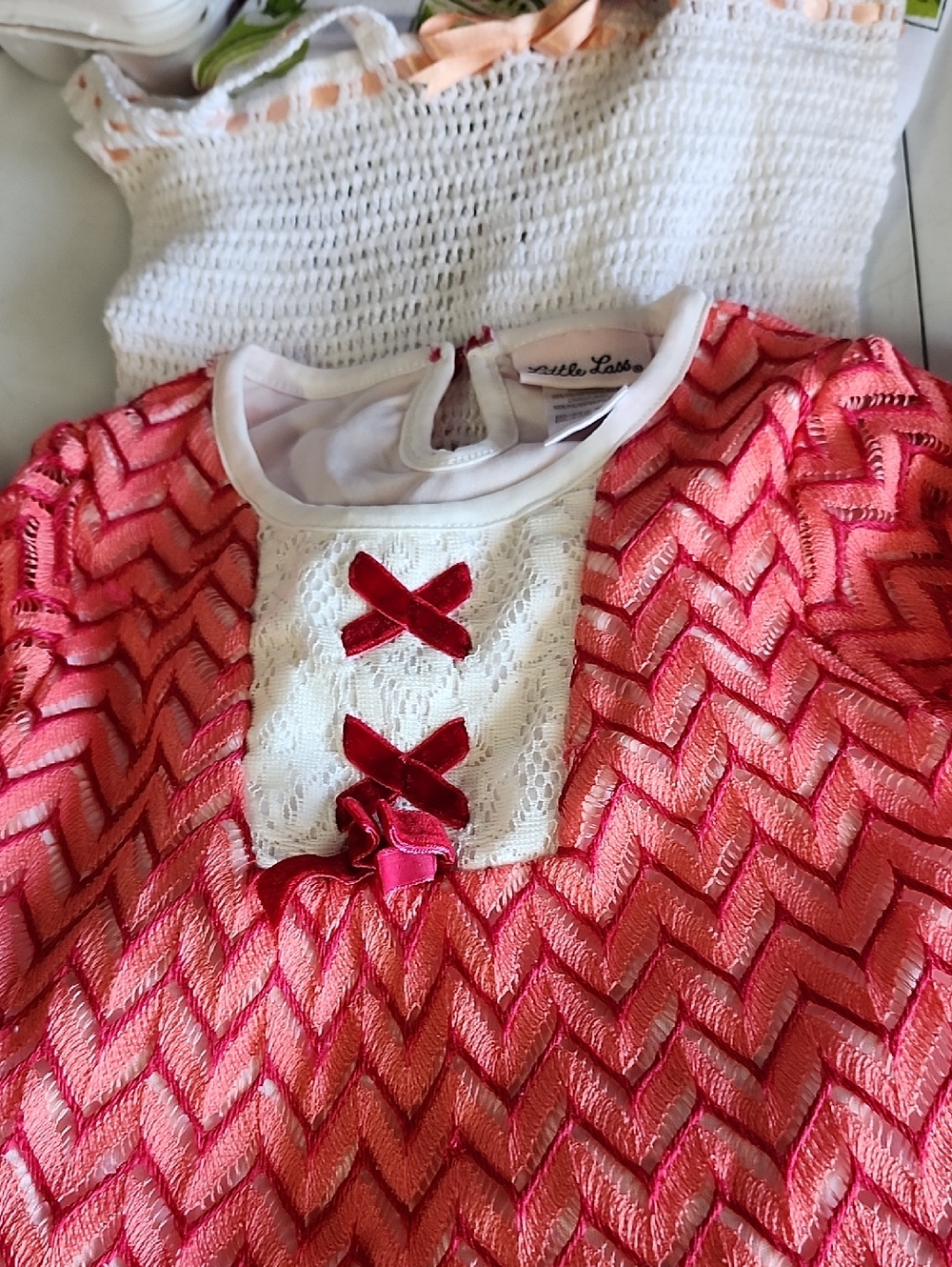 Little Lass Pink and White Chevron Lace Accent Girls Top